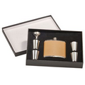 6 oz Tan Leather, Stainless Steel Flask Set in Black Presentation Box